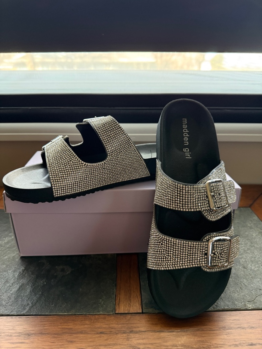Madden Girl Silver Jeweled Double-Buckle Slide Sandals